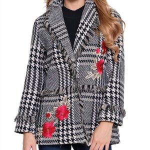 John Mark Women's Black and White Houndstooth Jacket with Red Floral Accents